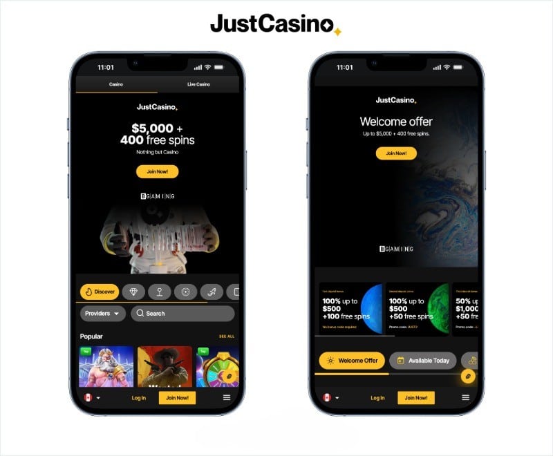 Just Casino screenshots on two mobiles on a white background