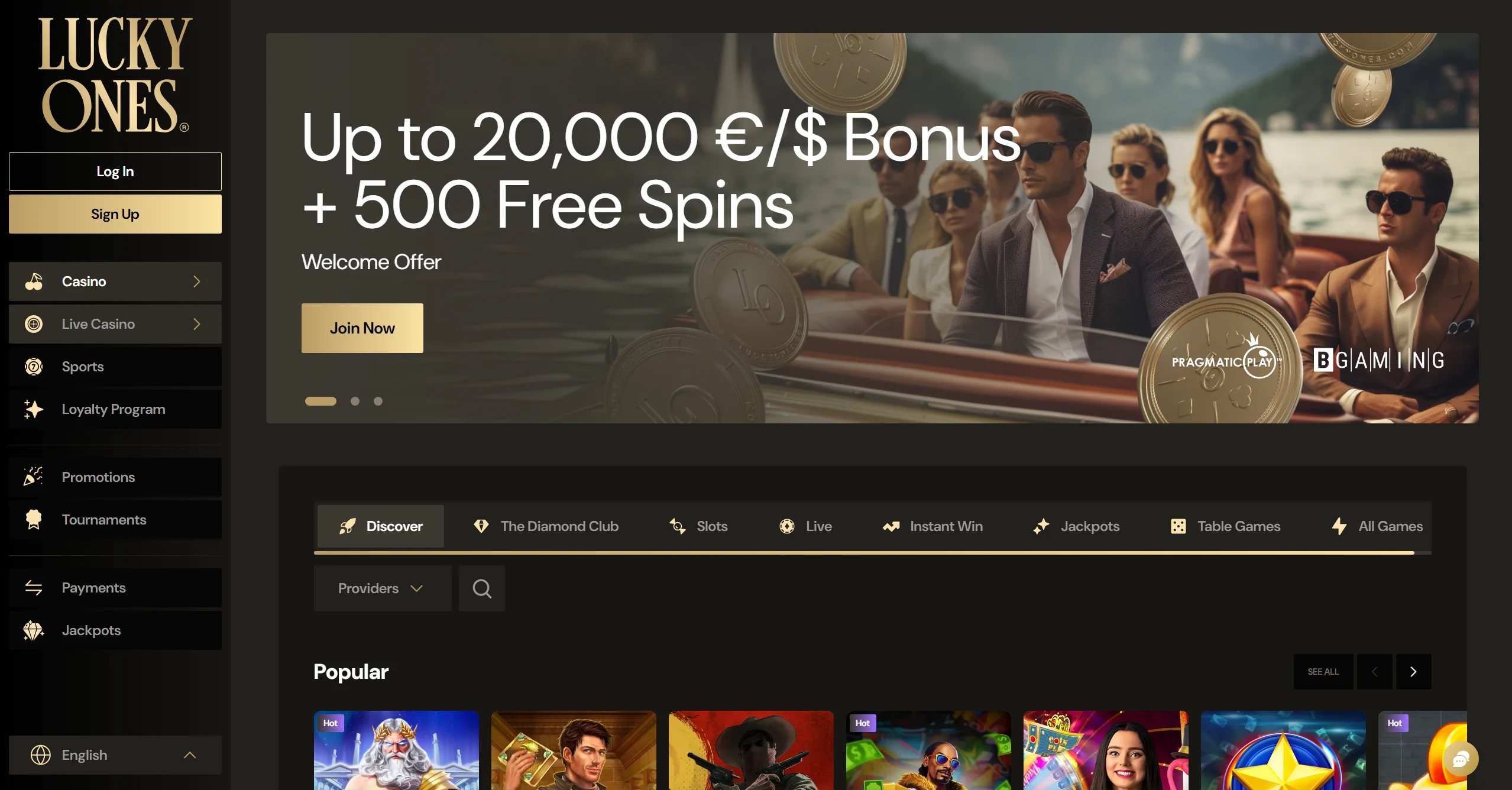 LuckyOnes frontpage with huge welcome offer and popular online pokies